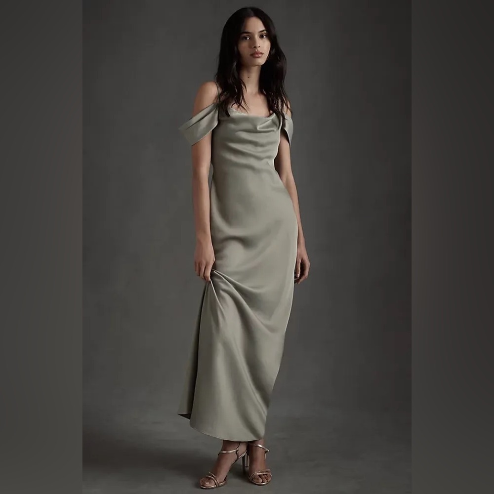 BHLDN Moss Green Ira Satin Charmeuse Dress